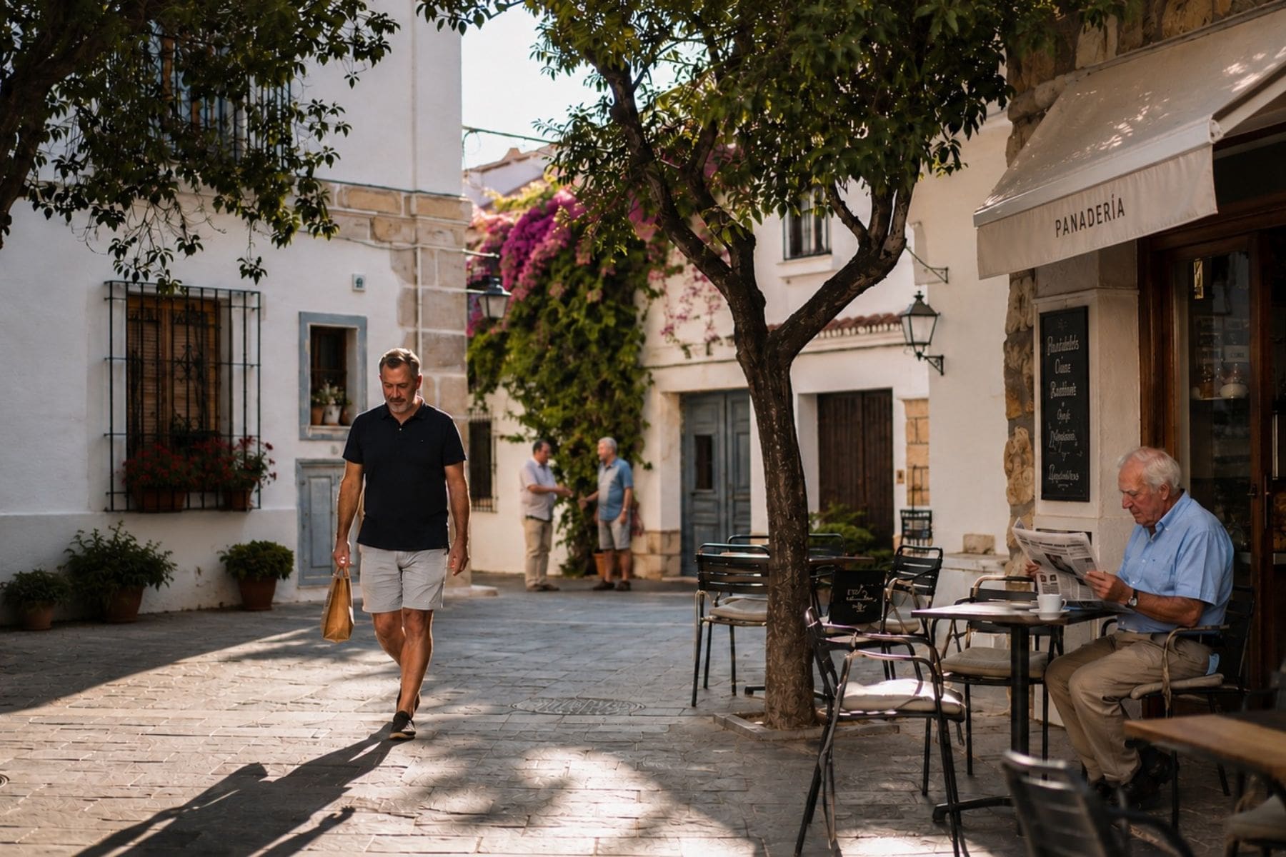 Authentiek dorpsplein aan de Costa del Sol waar bewoners brood halen, een krant lezen en elkaar ontmoeten tijdens een rustige ochtend.
