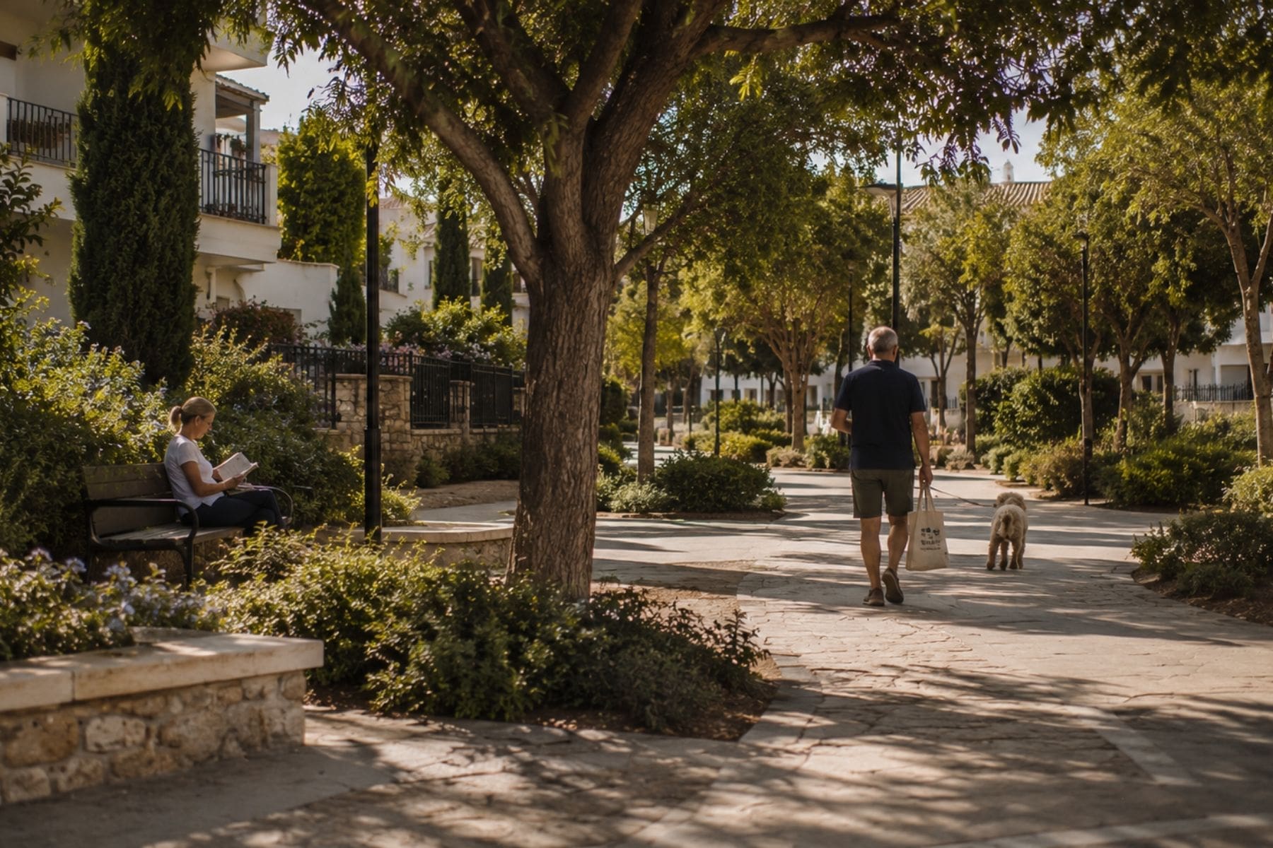 Rustige buurt Costa del Sol met bewoners tijdens een gewone doordeweekse ochtend