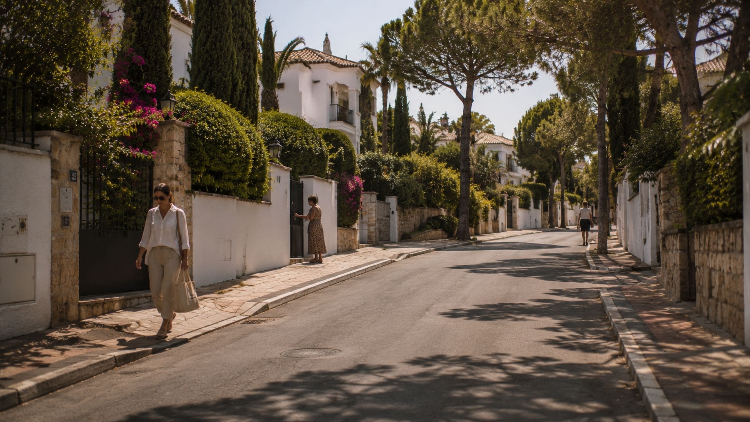 A quiet residential street on the Costa del Sol with Mediterranean vegetation, residents going about their daily activities, and a relaxed living environment that reflects the neighborhood’s lifestyle. Costa del Sol neighborhood